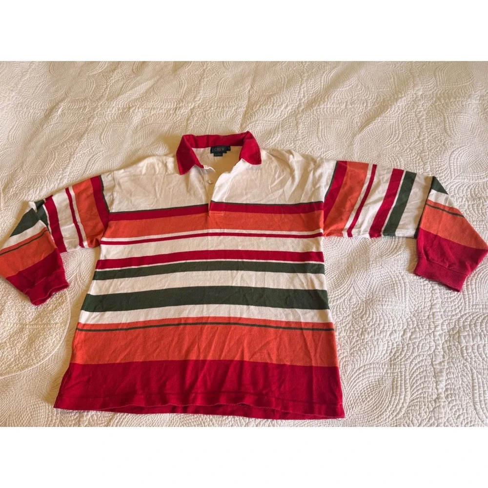 Vintage J. Crew Mens Rugby Shirt Long Sleeve Striped Red Green Orange Cotton S